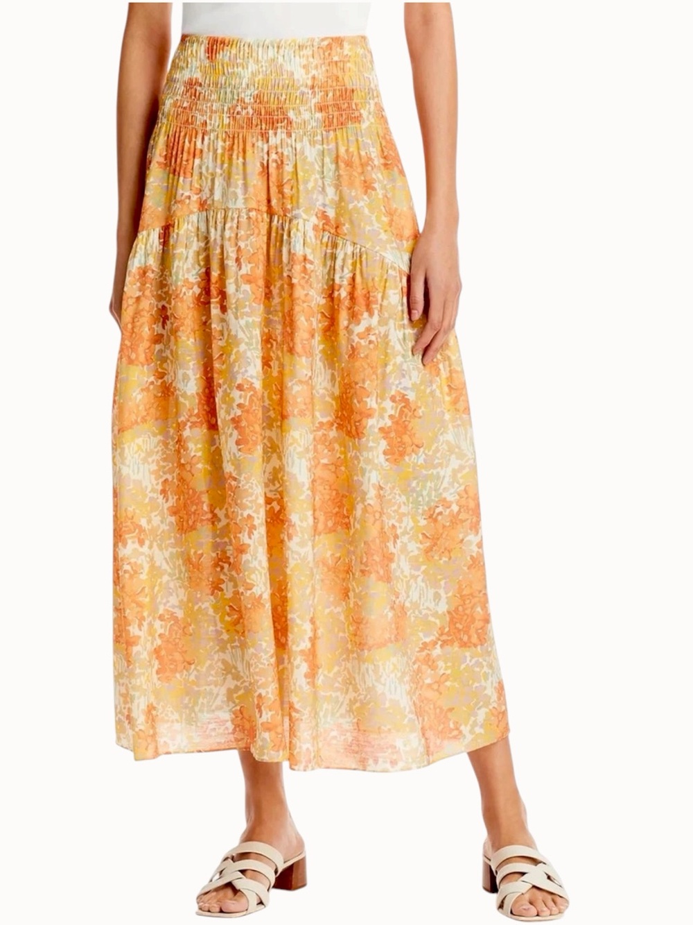 NEW Vince Garden Floral Print Smocked Shirred Gauze Midi Skirt Women’s Size M